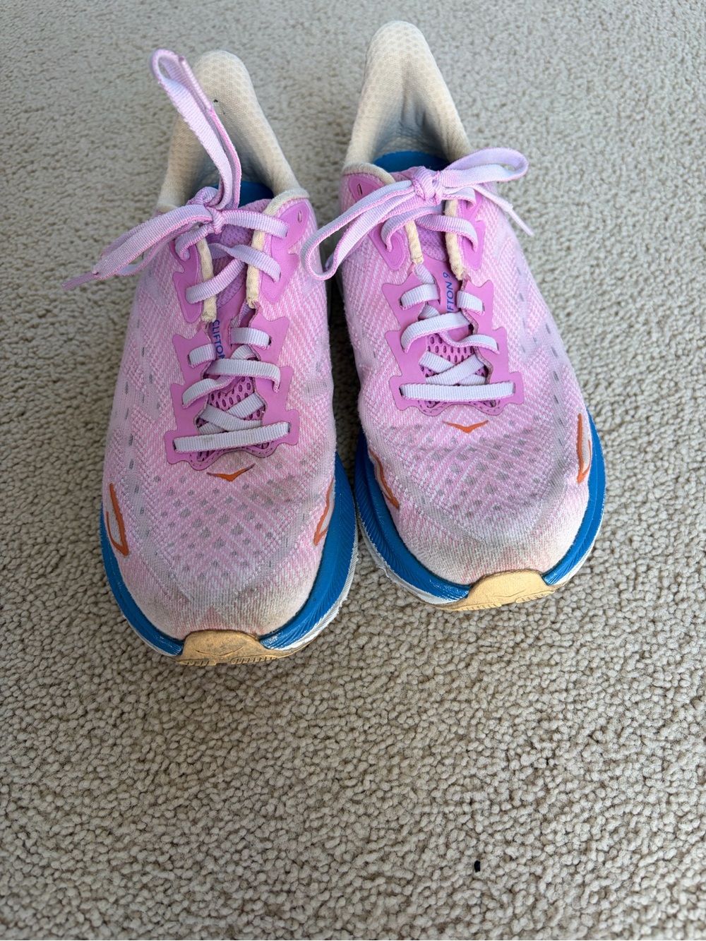 Hoka Pink Running Shoes with Blue and Cream Accents